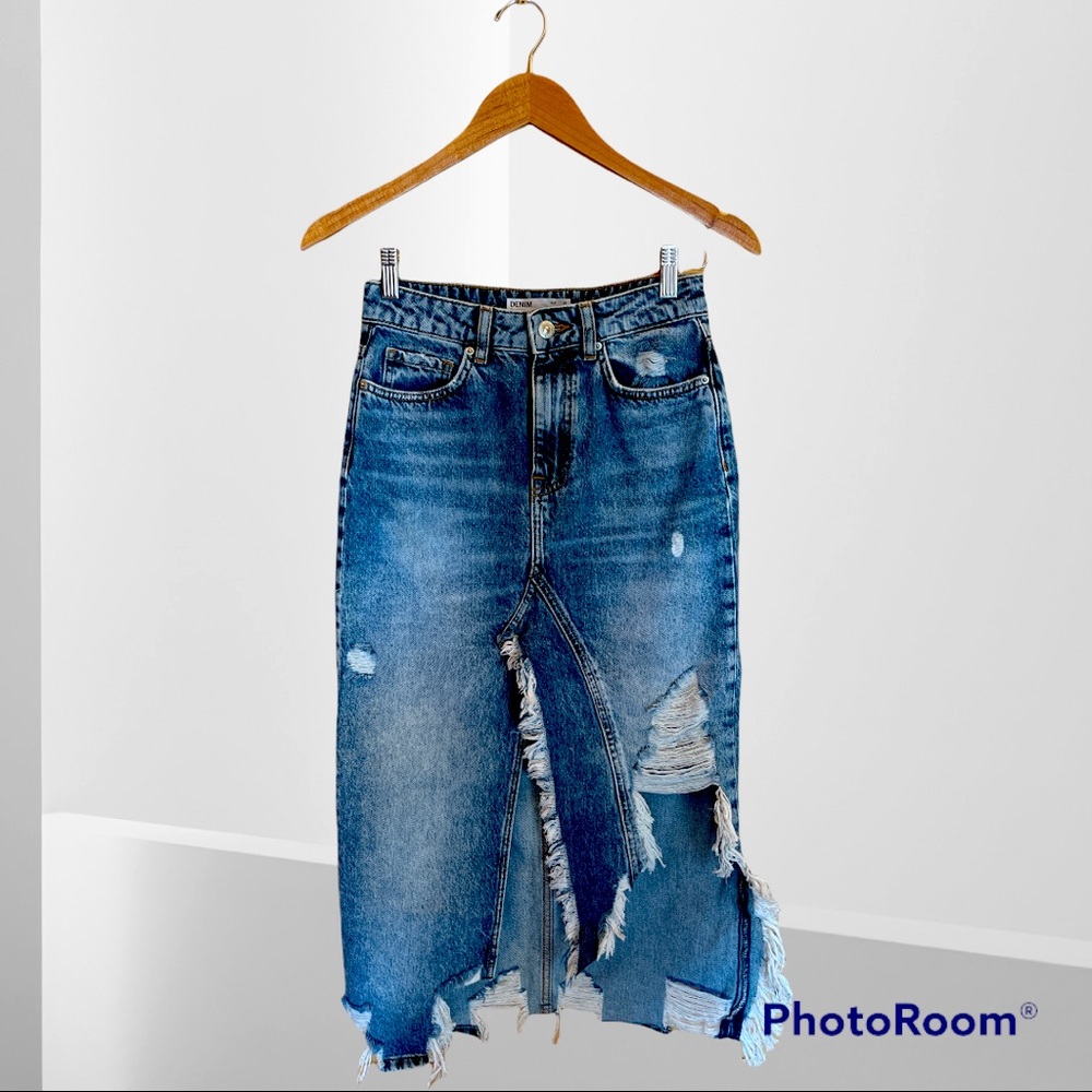 High-rise denim long skirt